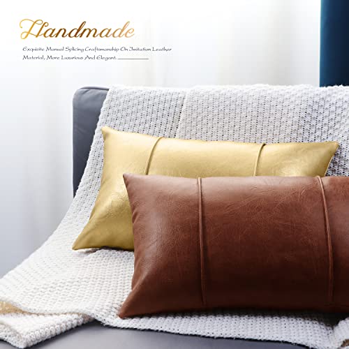 Brawarm Dark Brown Leather Throw Pillow Covers 12 X 20 Inches - Faux Leather Lumbar Pillow Cover With Piping, Hand Stitched Leather Throw Pillow For Couch Sofa Bed Living Room Home Decorative #TOP3