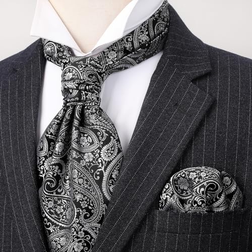 Image of HISDERN Ascot Ties for Men Paisley Floral Ascot and Pocket Square Set Classic Self Tie Mens Cravat Handkerchief for Wedding