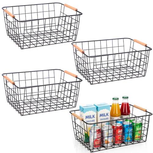 4 Pack Metal Wire Food Storage Basket Organizer with Wooden Handles for Organizing Kitchen Cabinets Black