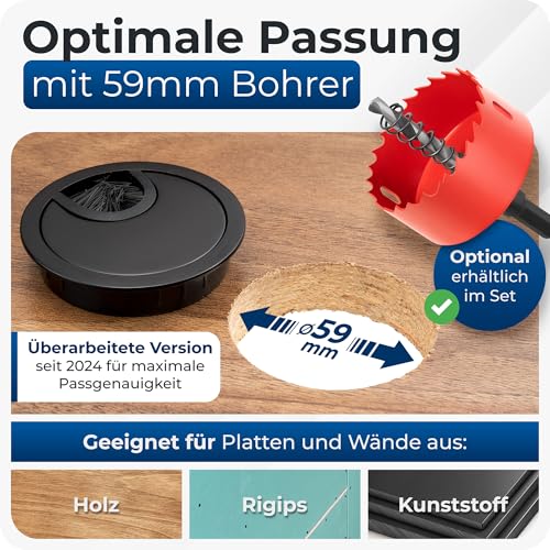Bruce.® 2X Kabeldurchführung Ø60mm Metall für Schreibtisch & Möbel – Endlich Ordnung im Büro und Zuhause – mit Bürsten- & Gummieinsatz – Schwarz