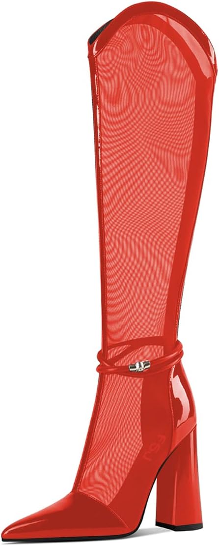 FSJ Women Elegant Pointed Toe Chunky High Heel Mesh Knee High Long Boots Back Zipper Summer Casual Morden Ladies Shoes Size 4-15 US