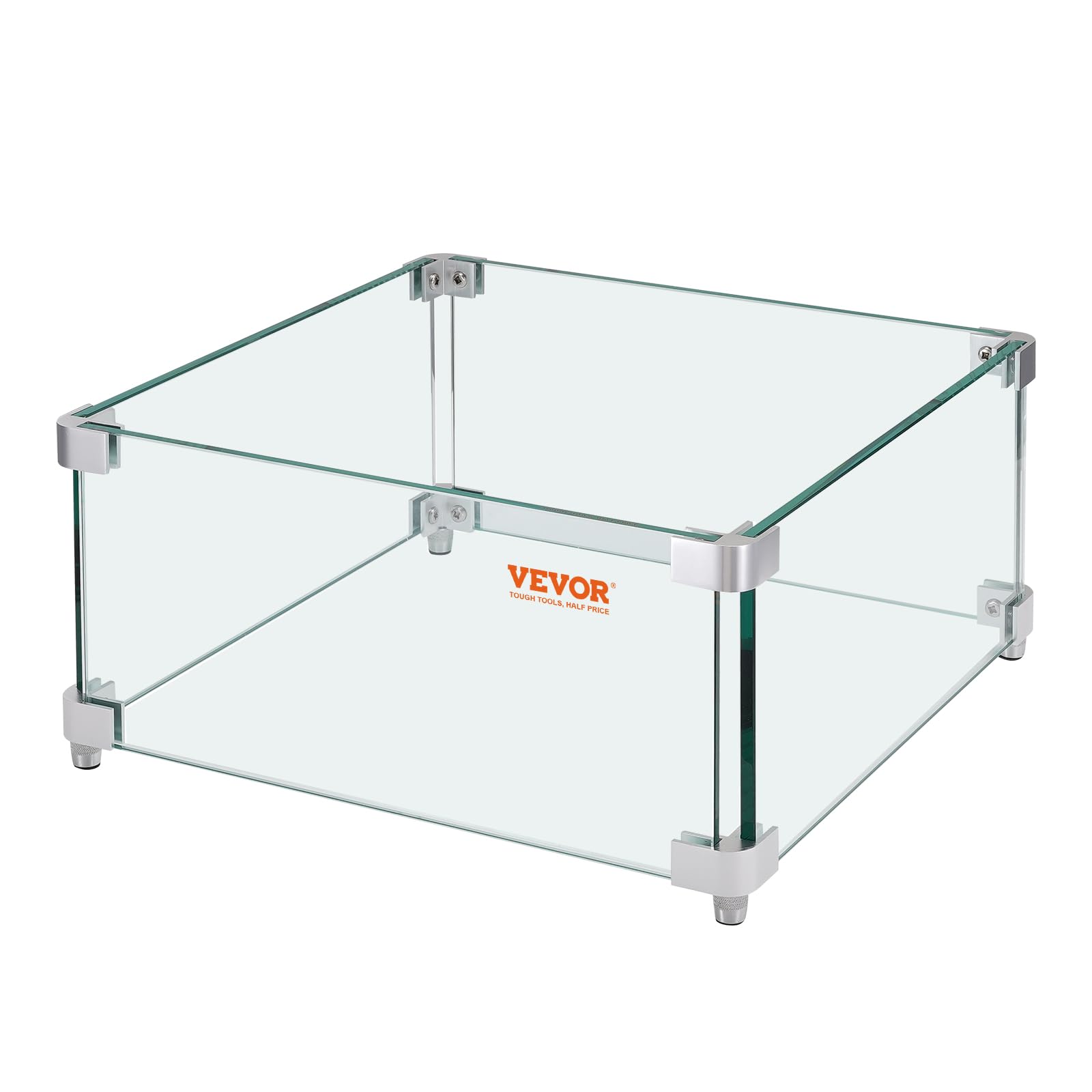 VEVOR Pare-vent pour Foyer à Gaz, 380x380x180 mm Pare-vent en Verre Trempé pour Brasero Écran de Protection Carré Pare-flamme Robuste Coupe-vent Stable Épaisseur 8 mm avec Support de Coin Dur et Pieds