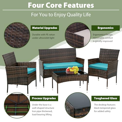 Image of PayLessHere Outdoor Furniture Set 4 Pcs Modular Patio Furniture Set Water Resistant Conversation Set with 3 Rattan Chairs 1 Tempered Glass Topped Table for Patio Poolside, Brown Wicker /Blue Cushions