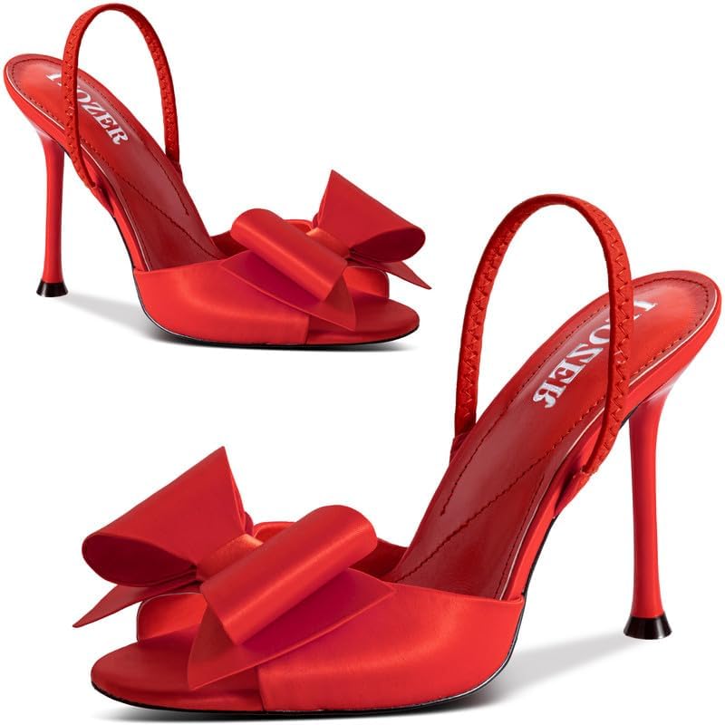 Image of Satin High Heels Slingback Open Toe Mules Sandals Bow Stiletto Sexy Heels Comfortable Wedding Party Shoes