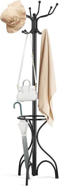 CASART Hat Coat Rack, Free-Standing Coat Stand Hanger with 12 Hooks, Home Office Umbrella Stand Hall Tree for Hallway Bedroom Living Room (Black, With Umbrella Holder)