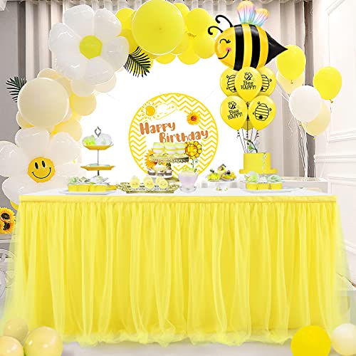 6FT Yellow Tulle Table Skirt Lemon Tutu Table Cloth for Kids Theme Birthday Party Dessert Round Tables Decoration(L 6(ft),H30in)