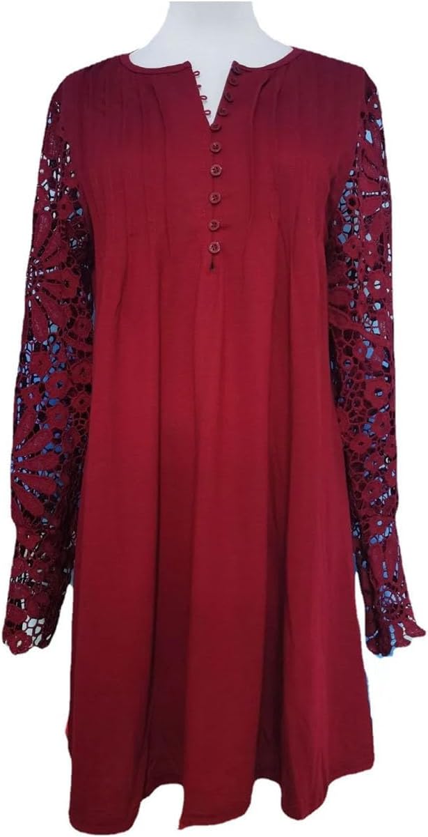 Women Lace Short Dress Long Sleeve Solid Color Dress Bohemian Loose A-LINE Dress