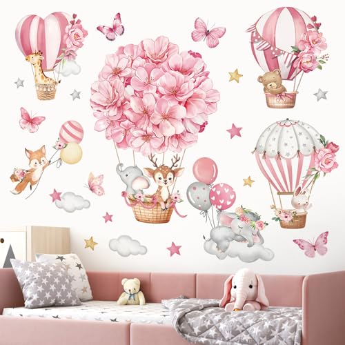 decalmile Pink Hot Air Balloon Animal Wall Decals Flowers Balloons Elephant Deer Fox Wall Stickers Girls Room Baby Nursery Kids Bedroom Wall Decor - Image 3