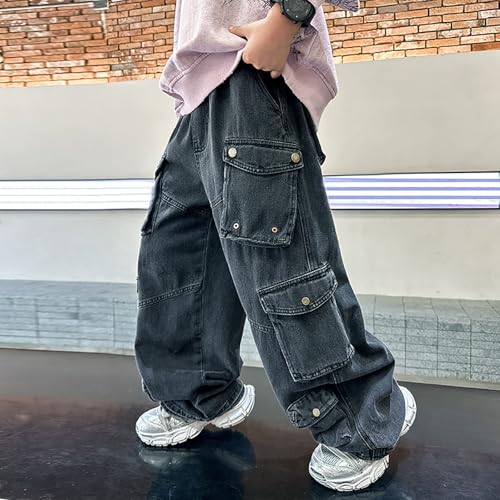 Boys Cargo Pants for Kids Comfortable Elastic Waist Loose Denim Trousers Casual Straight Fit Wide Leg Youth Jeans3