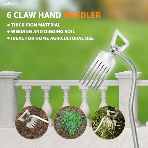 Image of Anandi Greens Garden Weeding Tool with Wooden Handle || Weeder Hand Tool 6 Claws Manual Weed Puller for Lawn and Garden Steel
