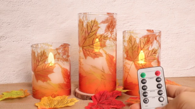 Image of Fall Flameless Candles, Autumn Maple Leaf Led Candles with Remote & Timer, Realistic Flickering Real Wax Candles for Harvest Festive, Thanksgiving Day, Party Decorations