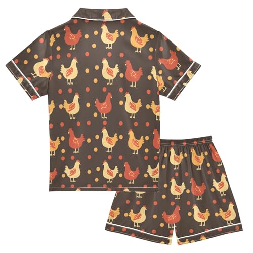 Cartoon Hen Pattern Summer Satin Pajama Set, Cute Button-Down Sleepwear Pj Set for Sleep Wears2