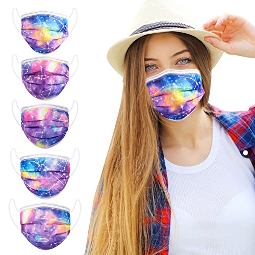 Rousig Masque Couleur Jetable Adulte, 100 pièces Type II R Certifié CE Masques Violet Étoilé Imprimé Filtrant, 3 Couches de Protection Respirant et Confortable pour Homme et Femme - 100 pcs Étoilé Cover