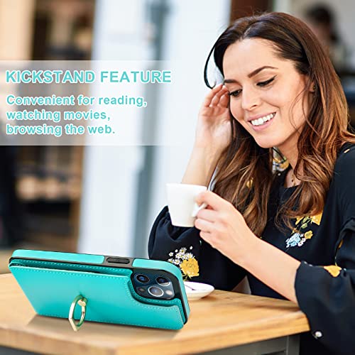 Folosu Compatible With Iphone 12 Pro Max Case Wallet With Card Holder, 360°Rotation Finger Ring Holder Kickstand Protective Rfid Blocking Pu Leather Double Buttons Flip Shockproof Cover 6.7 Inch Green #TOP5