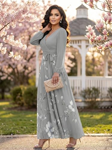Image of PinkPatty Women's Long Sleeve Maxi Dress Plus Size Trendy Wedding Guest Wrap Dress with Pockets&Belt