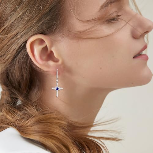 FANCIME Cross Dangle Drop Earrings 925 Sterling Silver Dainty Round Birthstone Earring Fine Jewelry Birthday Gifts for Her Women3