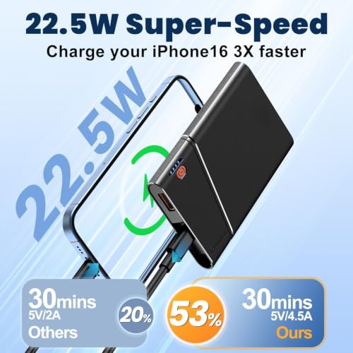 Image of Aaoyun 10000mAh Portable Power Bank, 22.5W PD Fast Charging Battery Pack with Built-in USB-C Cable, Ultra-Slim External Phone Charger for iPhone 17 /16 /15, Samsung Galaxy S24, Android (Black)