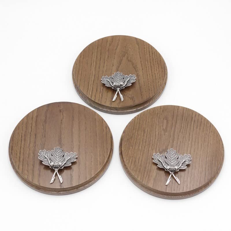 Generisch 3 placas de cuña redondas marrón AF 17 cm, tabla de cuña, tabla de especias, placa para trofeos con 3 hojas de roble, portada pequeña 4 hojas con 2 bellotas plateadas.