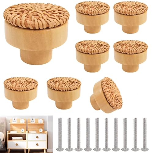 RUNEAY Rattan Cabinet Knobs, Pack of 8, 40 mm, Wooden Boho Handles, Natural Finish, Ambidextrous, Round Shape, Unfinished, Brown