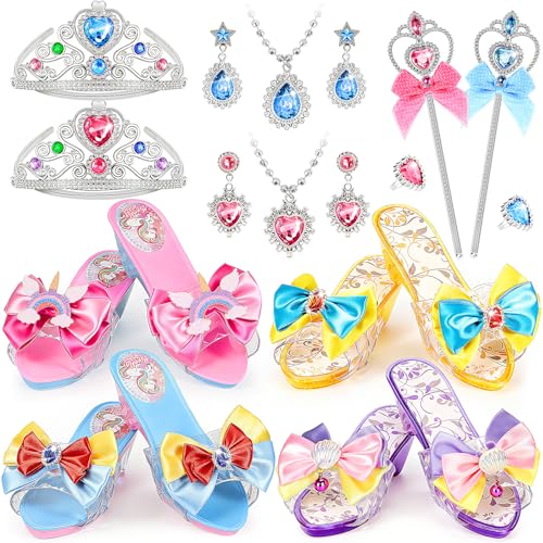 Princess Dress Up Shoes for Girls Toddler Girl Toys Princess Shoes with Jewelry Accessories Crown Magic Wand Necklace Earrings & Rings Pretend Play Dress Up Toys Gift Set for Little Girls Age 3-5