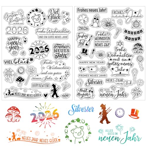 BOOMTOP 2 Bögen Silikon Stempel Silvester Klare Stempel Neujahr 2026 Frohes Neues Jahr Stempelset Kartenherstellung Viel Glück Clear Stamps für DIY Geschenk Scrapbooking