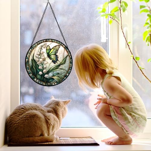 Image of DASTOLL Stained Glass Window Hanging, Lily of the Valley Flower Butterfly Suncatcher for Doors Home Sun Catchers Decoration and Christmas, Mother's Day Birthday Gifts for Women, Men, Mom 7.8 in