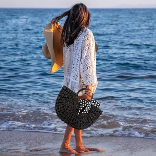 Image of YYW Straw Bags for Women,Hand-woven Straw Top-handle Bag with Round Ring Handle Summer Beach Rattan Tote Handbag