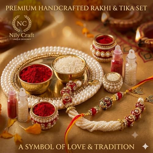Image of NiLy Craft Handmade Kundan Ball And Glass Beads Rakhi Set | Unique Designer Couple Rakhi For Bhai And Bhabhi | Red Kundan Ball - 1 Pair