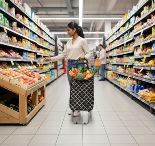 Image of KriShyam Foldable Shopping Trolley Cart with Pattern Design | Large Capacity Grocery Cart with Wheels | Durable Fabric Utility Cart | Lightweight Portable (2 WHHEL Black (Geometric Print))
