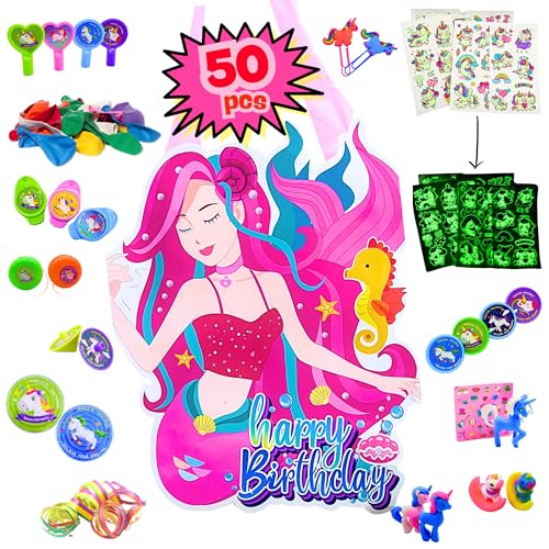 MANLOZ - Piñata Sirena Infantil de Cumpleaños Con Pack de 50 Juguetes - Relleno Para Piñatas...