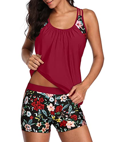 Image of Yonique Two Piece Tankini Bathing Suits T-Back Blouson Swim Tops with Boy Shorts Women Swimsuits Sporty Swimwear Red & Colorful XXL