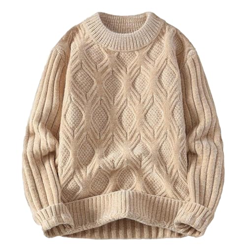 Oversized Cable Knit Sweaters for Men Long Sleeve Solid Color Crewneck Sweater Loose Fit Woven Knitted Soft Pullover