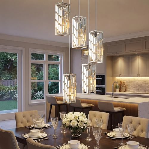 Image of Brushed Nickel Pendant Lighting Modern Pendant Light, Mini Crystal Chandeliers, Adjustable Pendant Light Fixture for Kitchen Island Dinning Room Bedroom (5 Light)