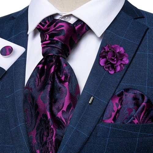 Image of DiBanGu Mens Silk Ascot Ties Paisley Jacquard Woven Cravat and Pocket Square Cufflinks with Lapel Pin for Business Wedding