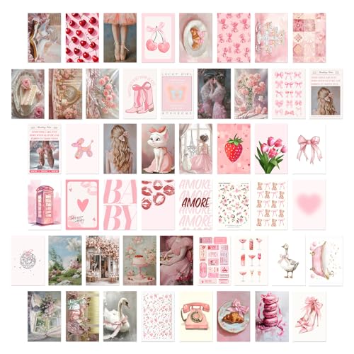 KBKBART 50Pcs Pink Coquette Room Decor Aesthetic Pictures, Pink Posters Coquette Room Decor, 4"x6" Wall Collage Kit for Teen Girls Dorm Bedroom, Cute Pictures Trendy Wall Art Prints