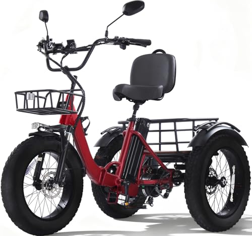 KAKIGO Elektro-Dreirad Für Erwachsene,20”x4” Fat Tires,Aluminium Faltbares E-Bike,250W Motor,65 Nm,48V 15.6Ah Akku,25 Km/h, Vorder-&Hinterkorb,Differenzial,90Km Reichweite