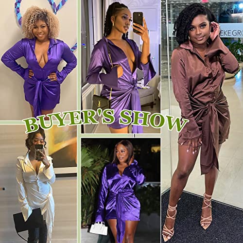 Women's Sexy Long Sleeve Satin Mini Dress Button Down Ruched Tie Waist Silk Wrap Bodycon Short Dress Club Party Casual Black #TOP4