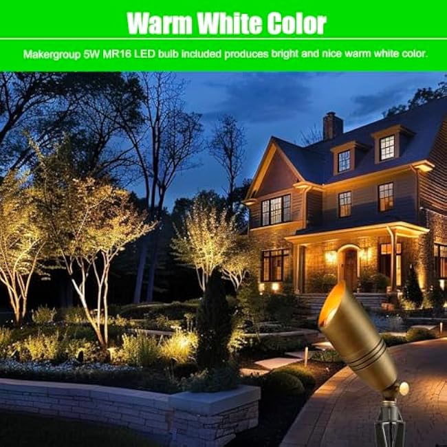LED Brass Spotlight Uplight 12V Low Voltage Landscape Outdoor Lighting Waterproof Solid Brass Uplight Spotlight Accent Lighting Fixture Included a 12V Warm White MR16 LED Light Bulb