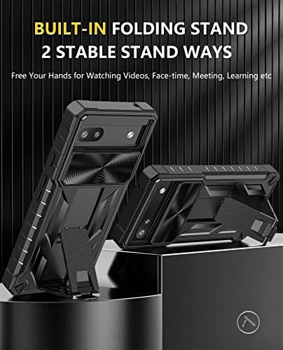 Case for Google Pixel 6a: Shockproof Drop Protection Case with Screen Protector- 360 Military Grade Heavy Duty Phone Cover with Kickstand and Sliding Camera Cover Black