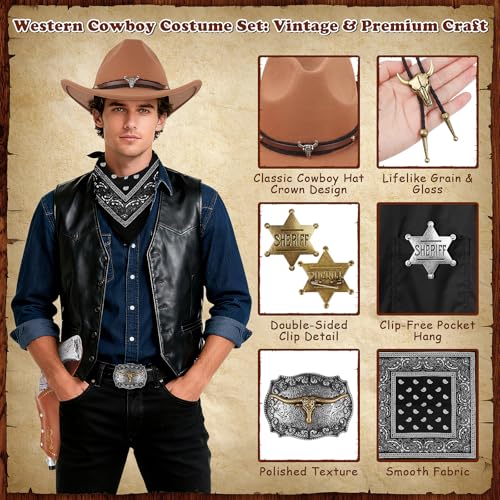 Cowboy Kostüm Herren Komplett Set: FICOFISE 10 Stück Western Outfit für Erwachsene & Teens mit Cowboy Hut u.a. – Umfassendes Cowboy Zubehör für Mottopartys, Valentinstag, Karneval