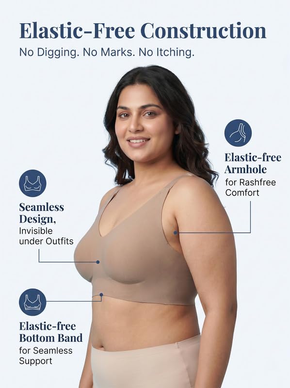 Image of Women's Cotton Non-Padded Plus-Size Full Coverage Bonded Bra | Hidden Concealer Cups | Broad Shoulder Straps | Seamless | Elastic-Free Bottom Band | No Marks, No Digging | Pack of 1