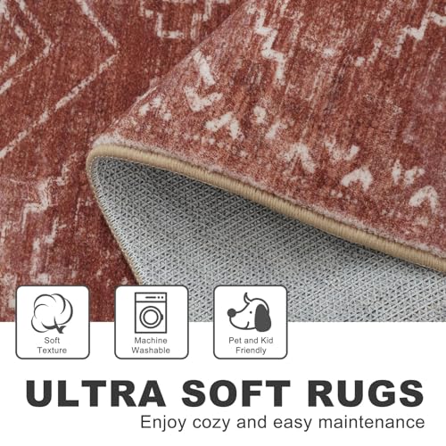 KILOCOCO Boho Kitchen Runner Rug 2x6 Washable Runner Rug, Soft Runners for Hallways Non Slip Printed Distressed Laundry Room Rug, Low-Pile Rug for Entryway/Bedroom/Living Room, Burnt Orange/Red