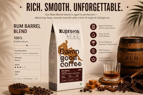 Image of Zupreme Premium Coffee Rum Barrel Aged | Premium Specialty Coffee Beans | Oak Barrel Infused | Rich, Smooth & Aromatic | Freshly Roasted | Limited Edition Coffee | 250 Grams