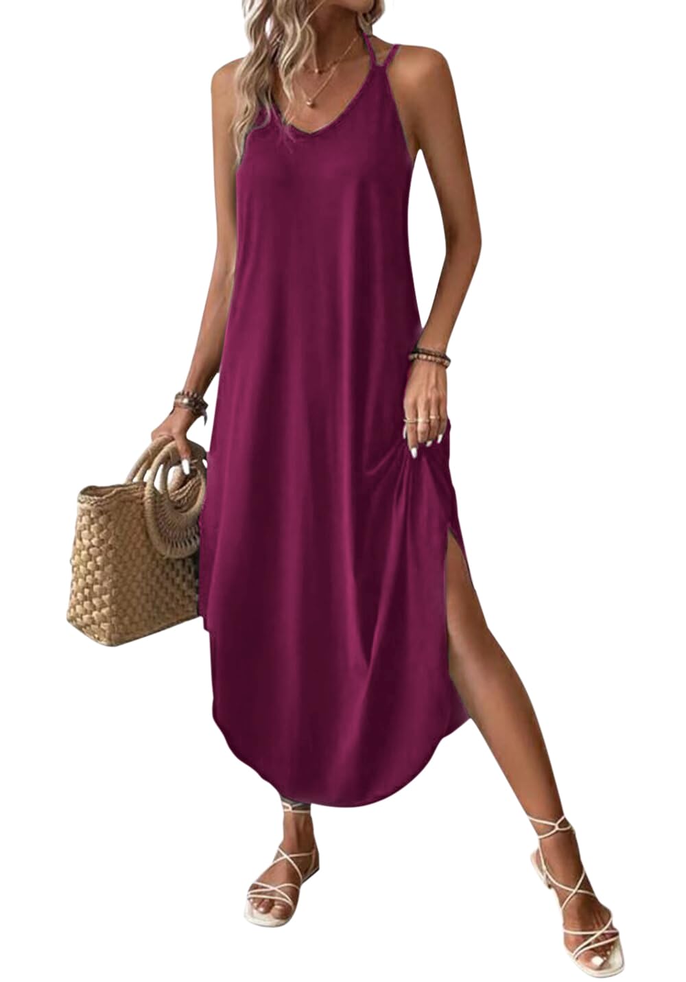 Chicrise Vestidos de Mujer Sin Mangas Largo Maxi Vestido Cuello V Sexy Vestido Playa Fiesta Fashion Morado Grande 42-44