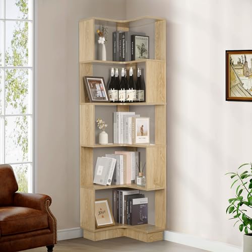 Nisorpa Estantería de esquina de 5 niveles en forma de L, estantería de pie independiente, estante de esquina para almacenamiento de libros, estante de exhibición para sala de estar, dormitorio