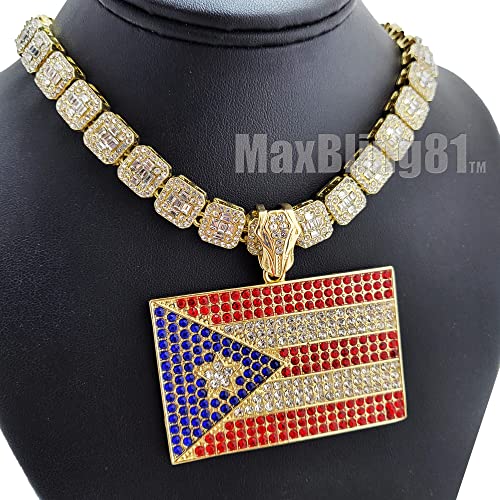 Hip Hop Jewelry Gold Plated Puerto Rico Flag Pendant & 12mm 16" 18" 20" Iced Baguette Choker Chain Hip Hop Jewelry Necklace3
