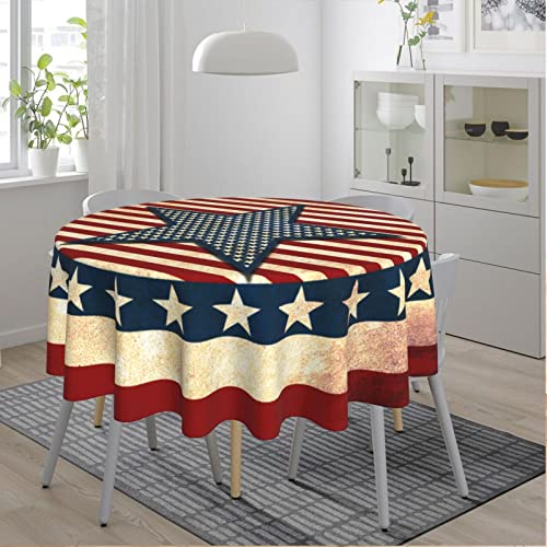 YETTA YANG Vintage Rustic Farmhouse USA American Flag July 4th Memorial Day Patriotic Waterproof Picnic Patio Round Table Cloth 60 Inch Circular Tablecloth for 20-47 Inch Home Dining Room Kitchen