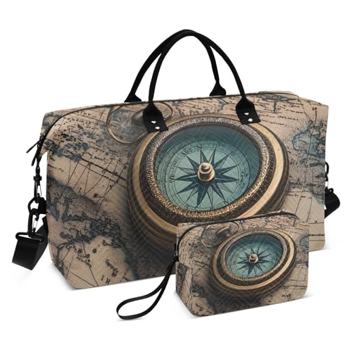 Large Travel Duffel Bag, World Retro Map Sport Tote Gym Bags, Shoulder Weekender Overnight Bags for Women Men, Carry On Luggage with Toiletry Bag
