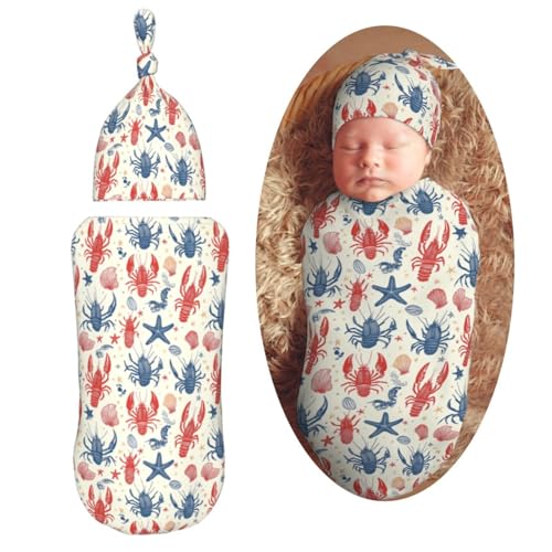 Image of Blue and Red Lobster Newborn Swaddle Blankets Hat Sets Soft Baby Receiving Blanket Swaddle Sack for Baby Shower Infant Boy Girl Gift