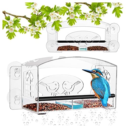 Window Bird House Feeders for Wild Birds, Outside Hanging Kit Bird Feeders with Removable Seed Tray, Acrylic Refillable Sliding Tray, One Extra Suction Cup (1 Pack)